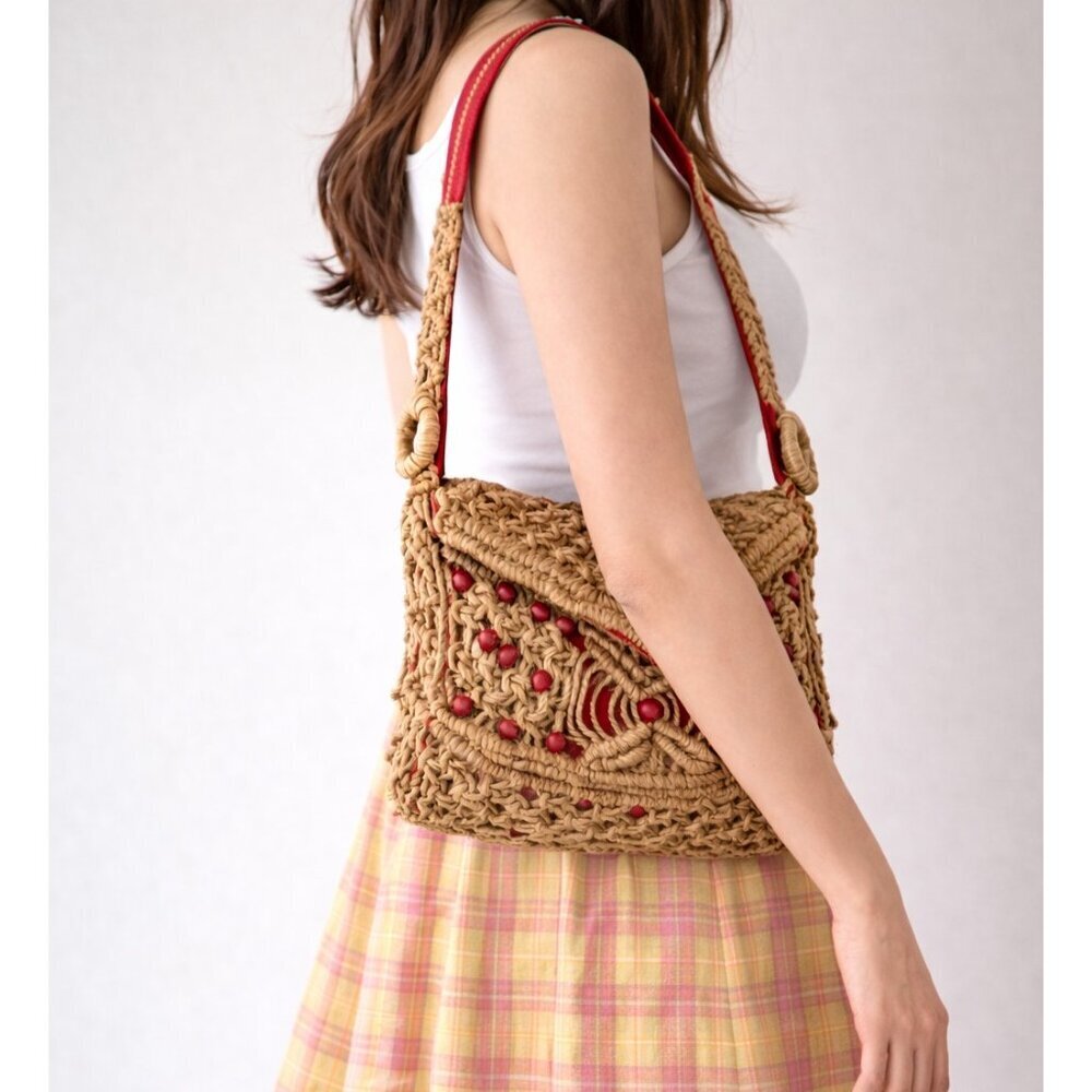 Vintage Woven Raffia Natural Boho Hippie Shoulder Bag